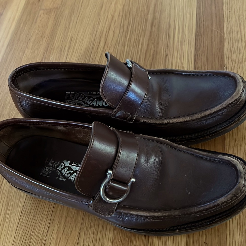 Mens Ferragamo loafers. Brown with silver buckle. Size 6 1/2 D
